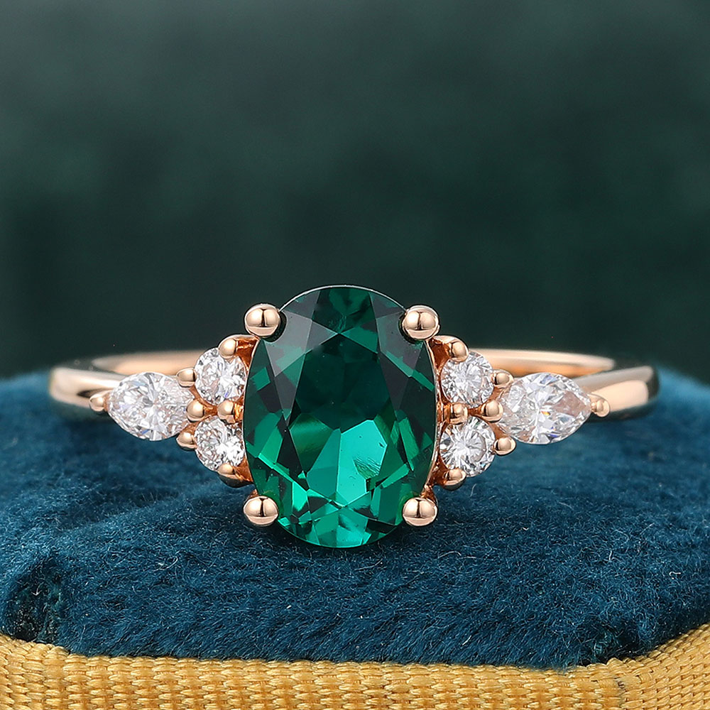 Juyoyo 14K Rose Gold Oval Lab Emerald Engagement Ring with Diamond Accents