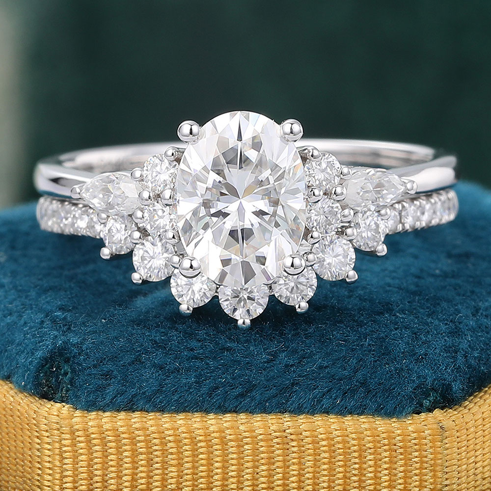Oval Moissanite Bridal Set Vintage Cluster Engagement Ring with Curved Anniversary Band White Gold