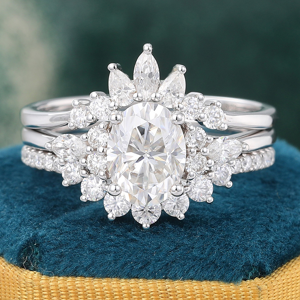Juyoyo Oval Moissanite Engagement Ring Set Vintage Wedding Ring Set White Gold - 3pcs