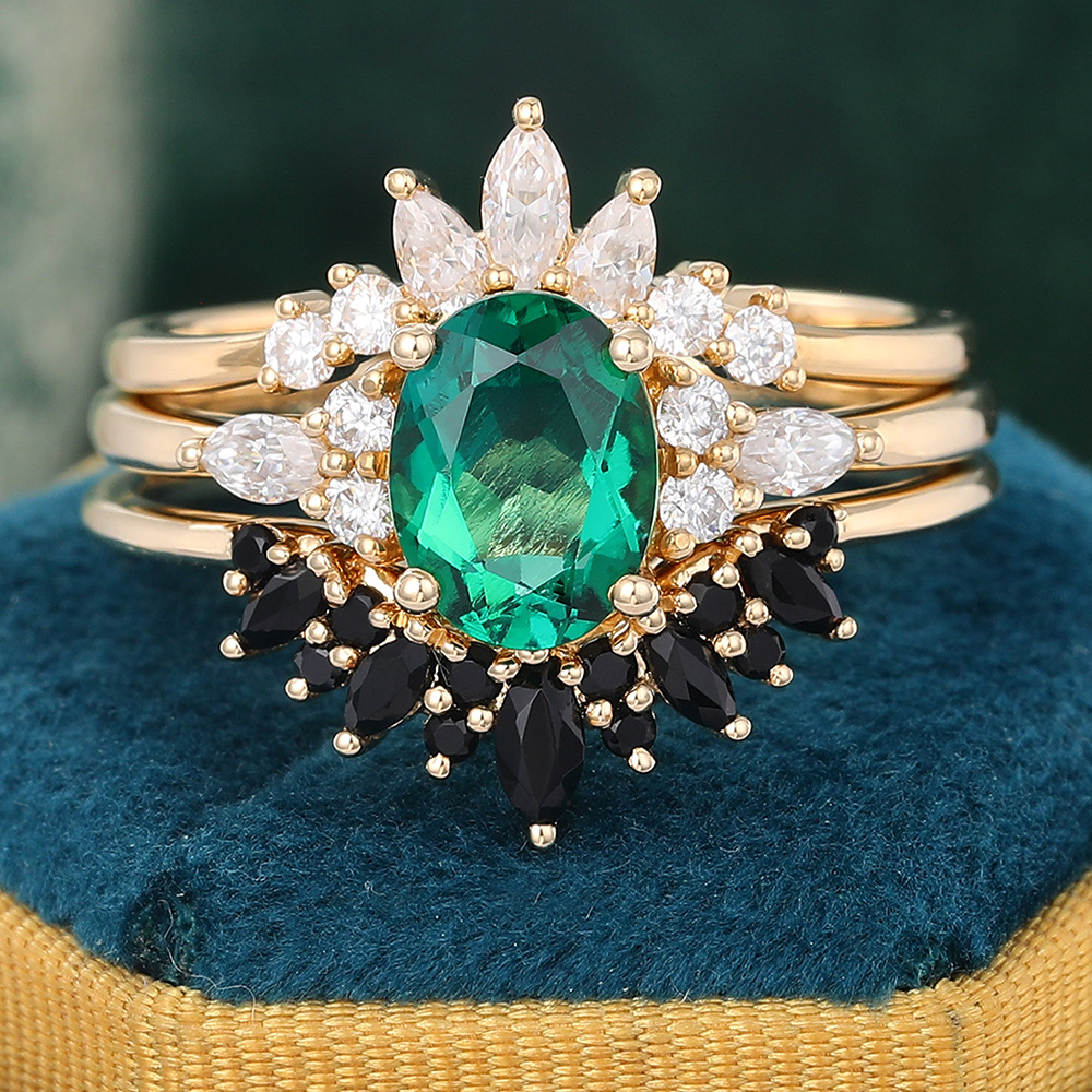 Juyoyo Emerald Wedding Ring Set Gold Vintage Diamond Ring Black Onyx Stack Wedding Band - 3pcs