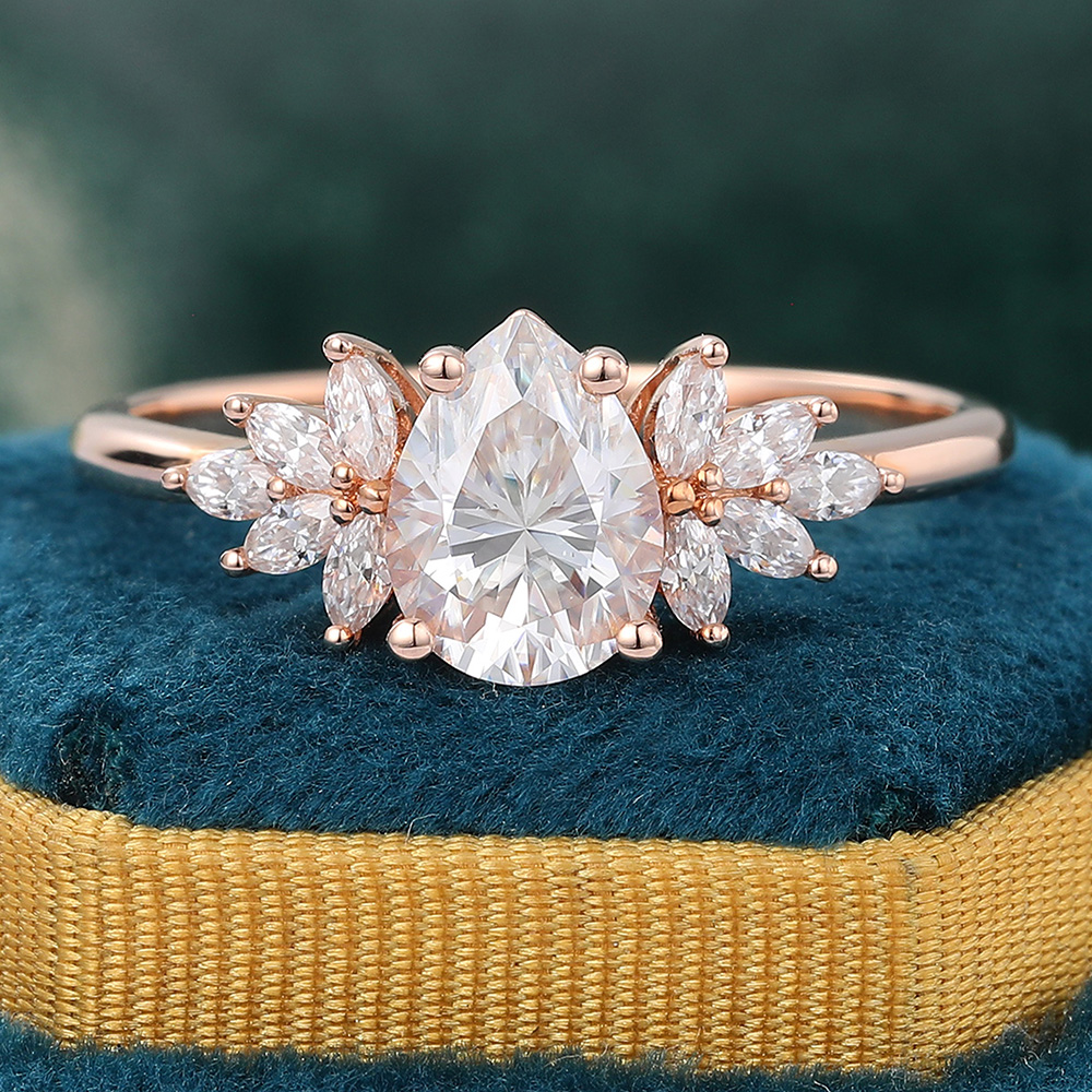 Juyoyo Pear Shaped Moissanite Wing Engagement Ring Vintage Diamond Accents Ring - 14K Rose Gold
