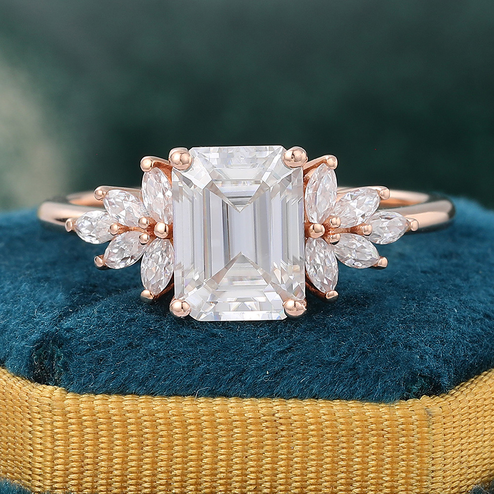 Juyoyo Emerald Cut Moissanite Wing Engagement Ring Vintage Diamond Accents Cluster Ring - 14K Rose Gold