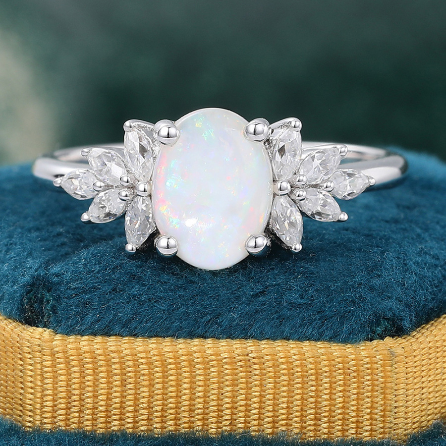 Oval Cut Opal Engagement Ring Diamond/Moissanite Accented Promise Ring White Gold