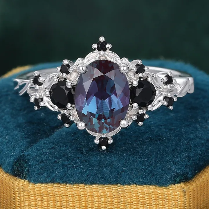 Unique Oval Cut Alexandrite Engagement Ring Vintage Black Onyx Ring