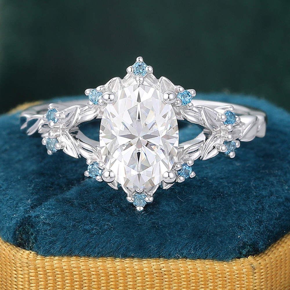 Juyoyo Oval Moissanite Engagement Ring Olive Leaves London Blue Topaz Accents Bridal Ring