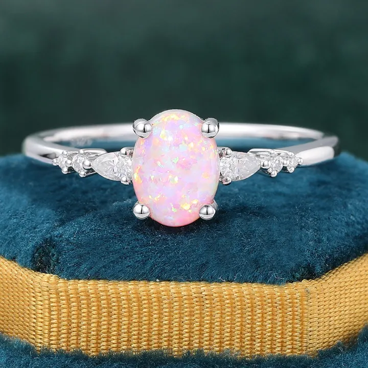 Simple 6*8mm Oval Cut Lab Pink Opal Engagement Ring with Diamond Accents