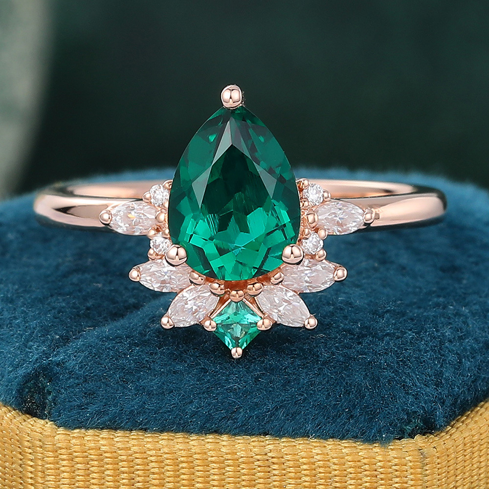 Pear Shaped Lab Emerald Engagement Ring Vintage Bridal Ring in 14K Gold