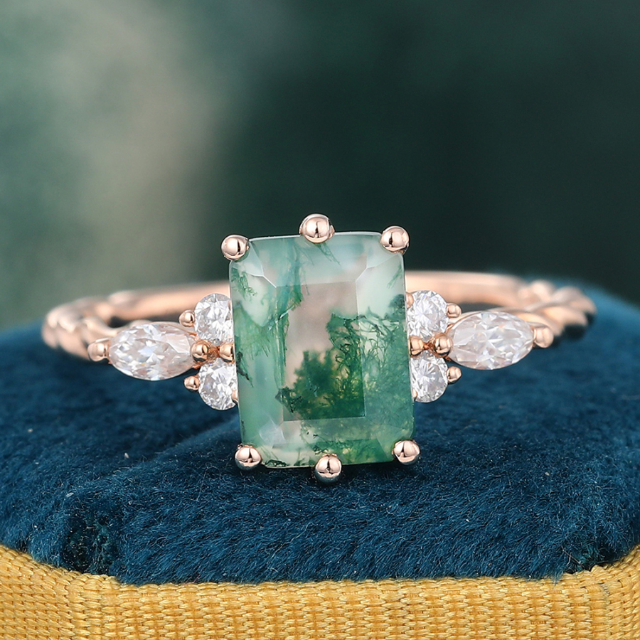 Juyoyo Emerald Cut Green Moss Agate Twisted Ring Rose Gold