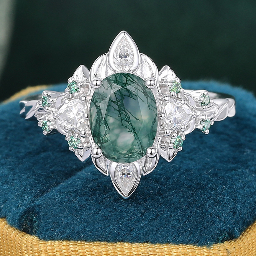 Oval Moss Agate Engagement Ring Art Deco Ring in White Gold