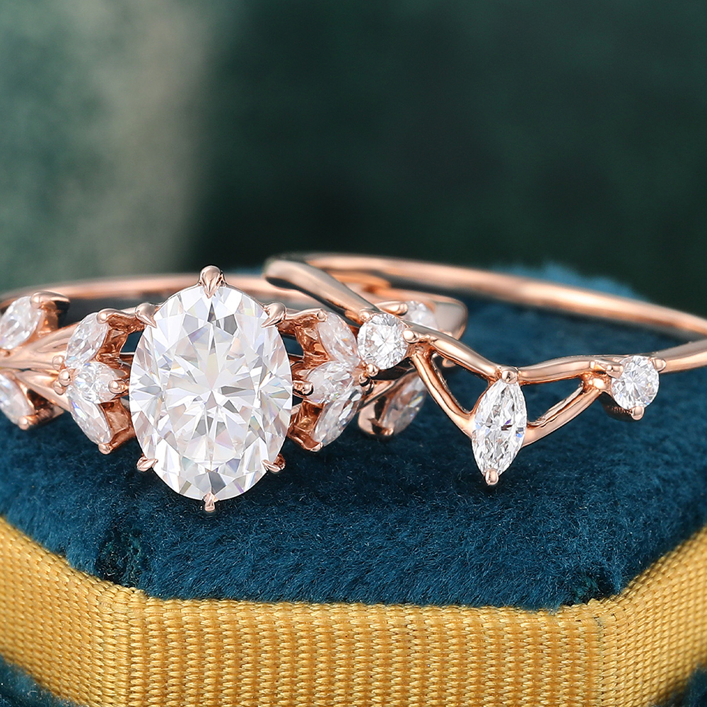 Juyoyo Vintage Moissanite Bridal Ring Set Nature Inspired Diamond Cluster Engagement Ring Set - 2pcs
