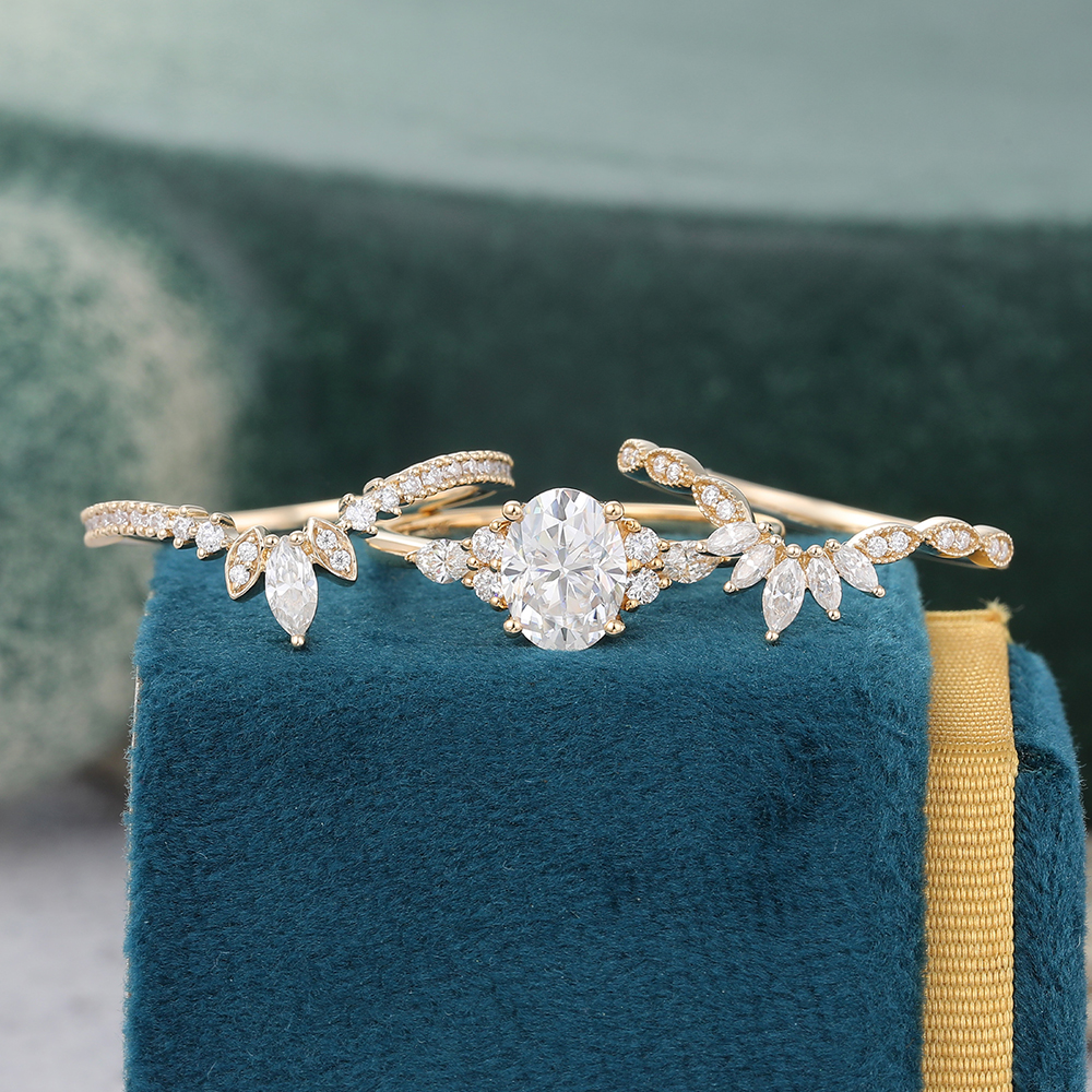 Juyoyo Luxury Oval Cut Moissanite Bridal Ring Set 14K Gold Diamond Milgrain Wedding Ring Set - 3pcs