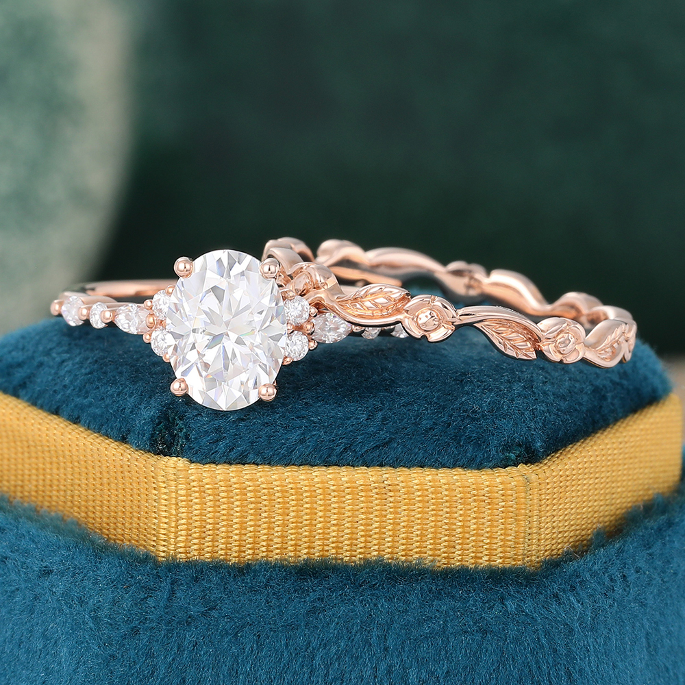 Juyoyo Oval Cut Moissanite Bridal Ring Set Vintage Nature Inspired Engagement Ring Set - 2pcs