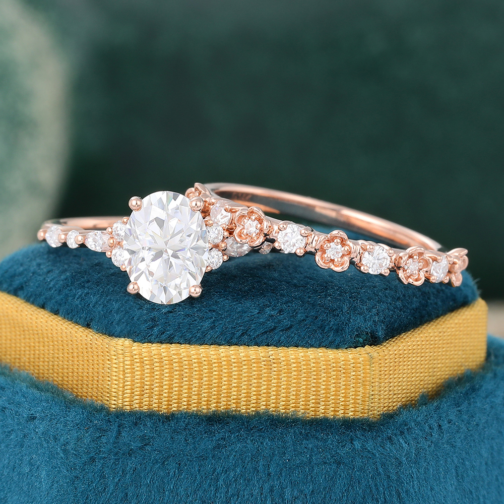 Juyoyo Oval Moissanite Bridal Ring Set Unique Floral Nature Inspired Engagement Ring Set - 2pcs