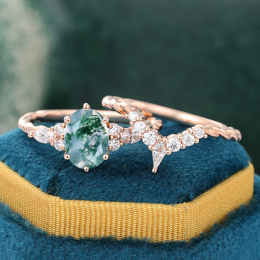 Juyoyo Unique Oval Cut Moss Agate Twisted Engagement Ring Set - 2pcs Bridal Set