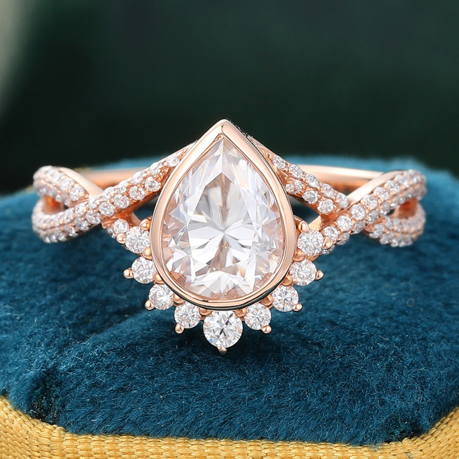 Vintage Pear Shaped Moissanite Engagement Ring Bezel Set Art Deco Twisted Infinity Bridal Ring