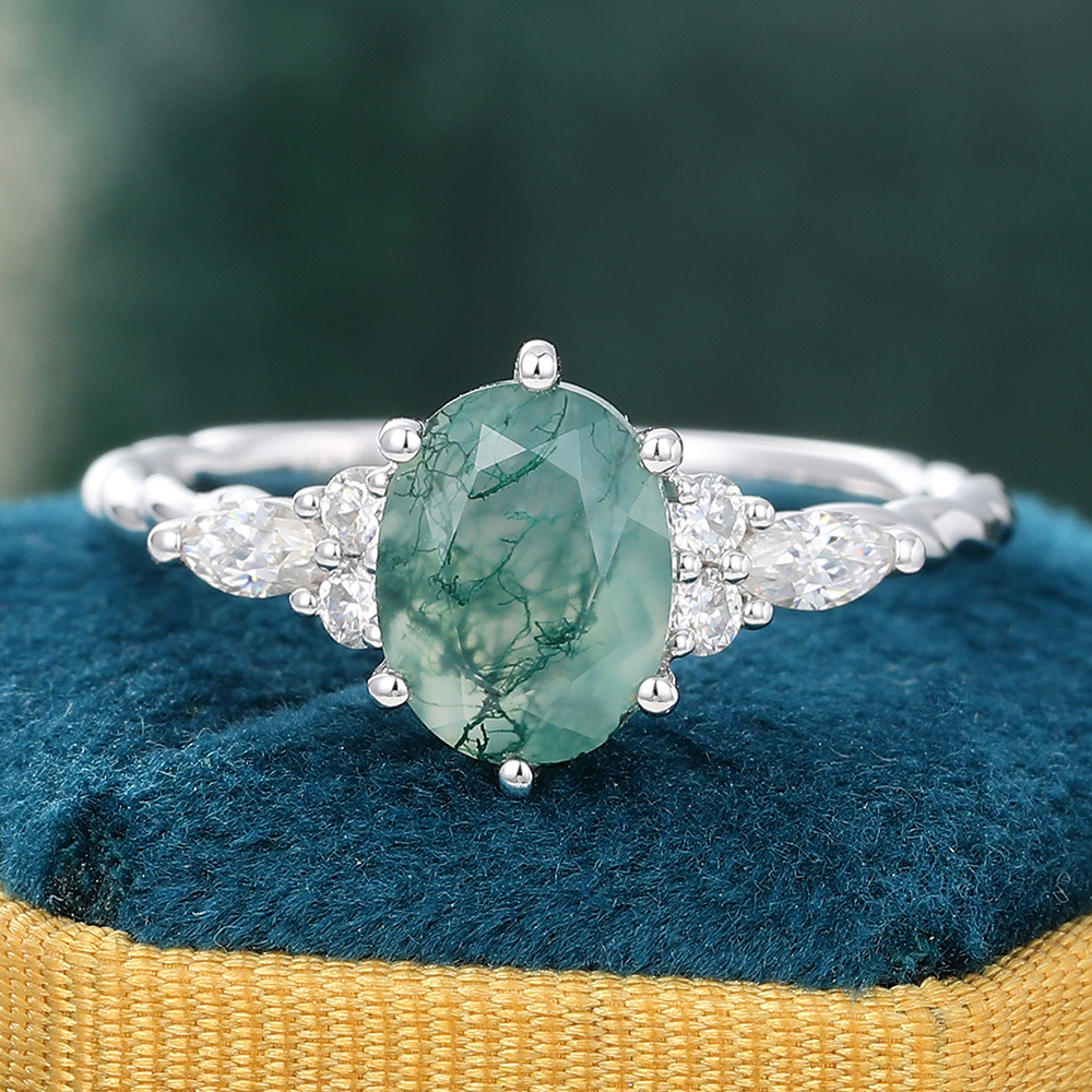 Oval Cut Moss Agate Twisted Engagement Ring with Moissanite Accents in White Gold