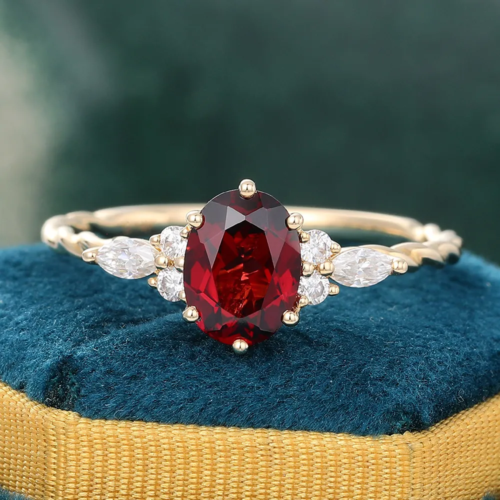 Vintage Oval Cut Garnet & Diamond Engagement Ring for Women 14K Gold Twisted Bridal Ring