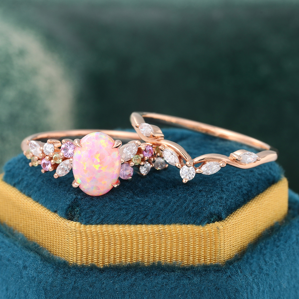 Juyoyo Art Deco Oval Pink Opal Promise Ring Set Moissanite Leaf Stacking Band Women