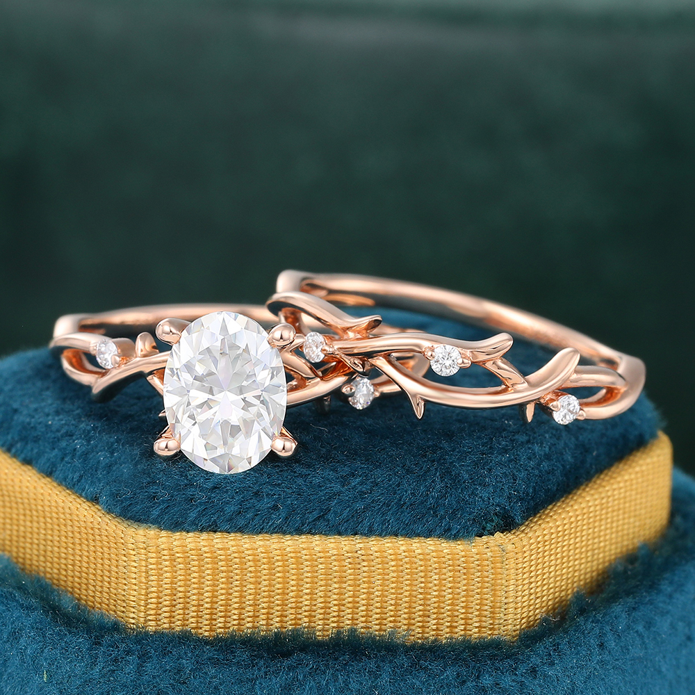 Juyoyo Oval Cut Moissanite Bridal Ring Set Vine Nature Inspired Engagement Ring Set 14K Rose Gold
