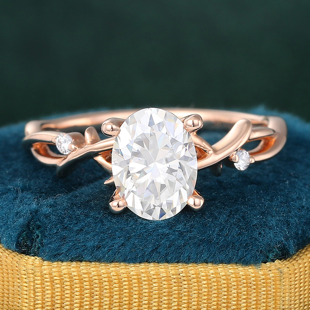 Juyoyo Nature Inspired Oval Cut Moissanite Engagement Ring Twig Vine Bridal Ring in 14K Rose Gold