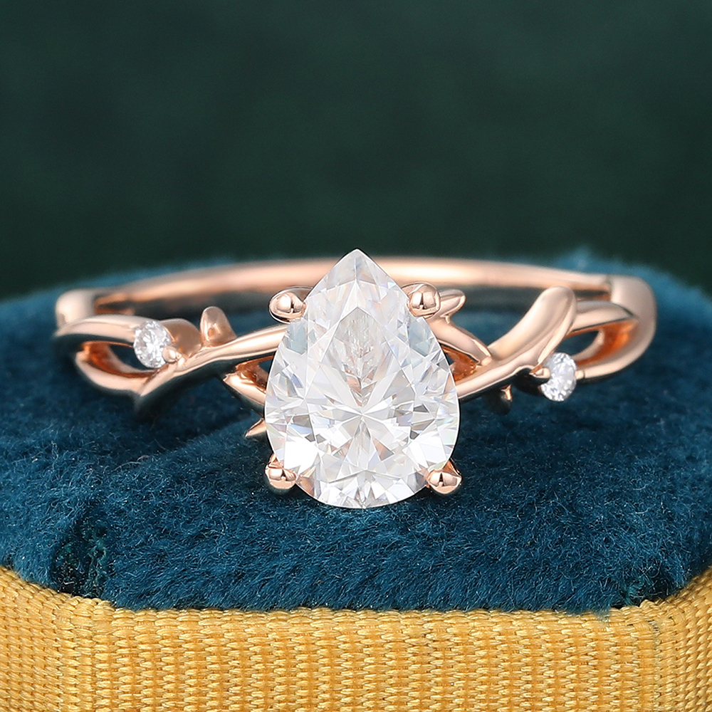 Juyoyo Pear Shaped Moissanite Nature Inspired Engagement Ring Promise Anniversary Ring 14K Rose Gold