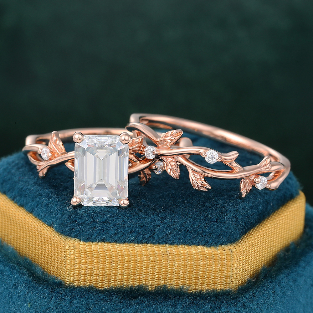 Juyoyo Emerald Cut Moissanite Engagement Ring Set Rose Gold Twig Nature Inspired Ring Set - 2pcs