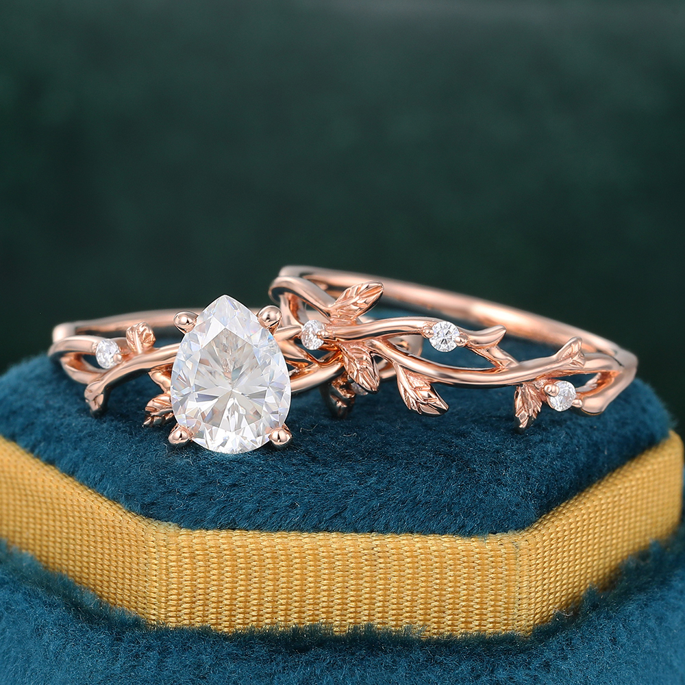 Juyoyo 14K Rose Gold Pear Shaped Moissanite Bridal Ring Set Nature Inspired Ring Set - 2pcs
