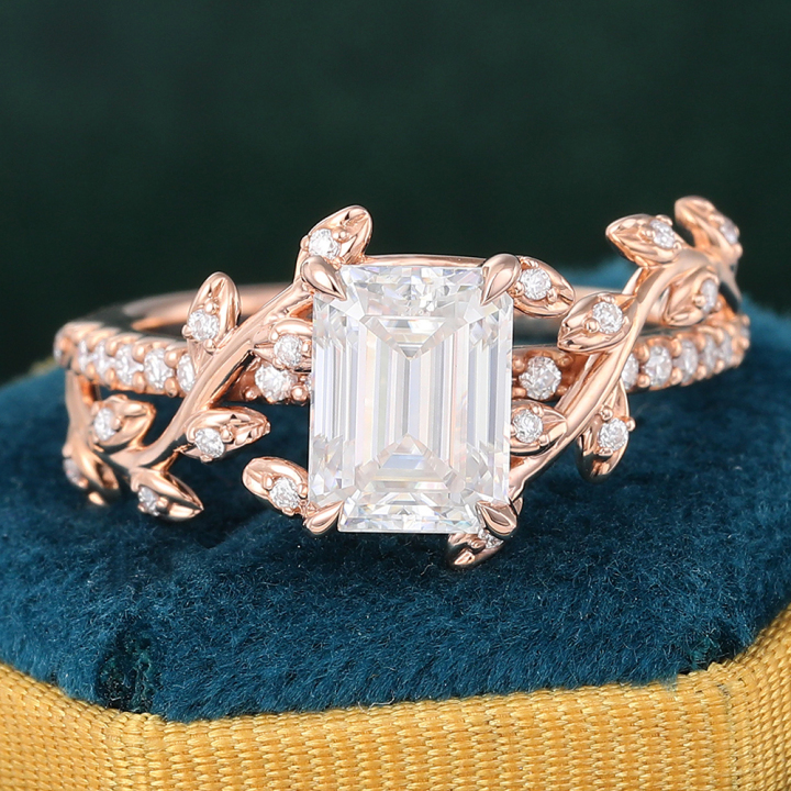 Emerald Cut Moissanite Engagement Ring Garden-Themed