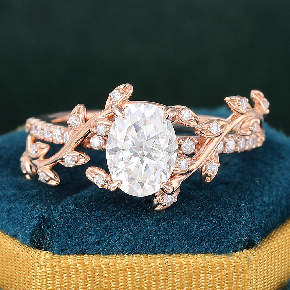 Juyoyo Unique Oval Cut Moissanite Anniversary Ring Nature Inspired Engagement Ring 14K Rose Gold