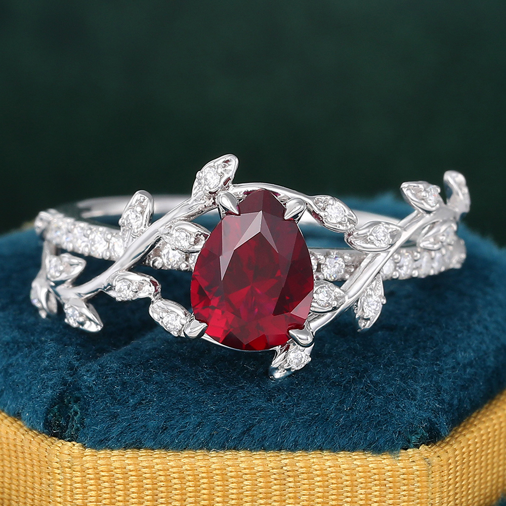 Pear Shaped Ruby Engagement Ring Nature Inspired Vintage Bridal Ring 14K White Gold