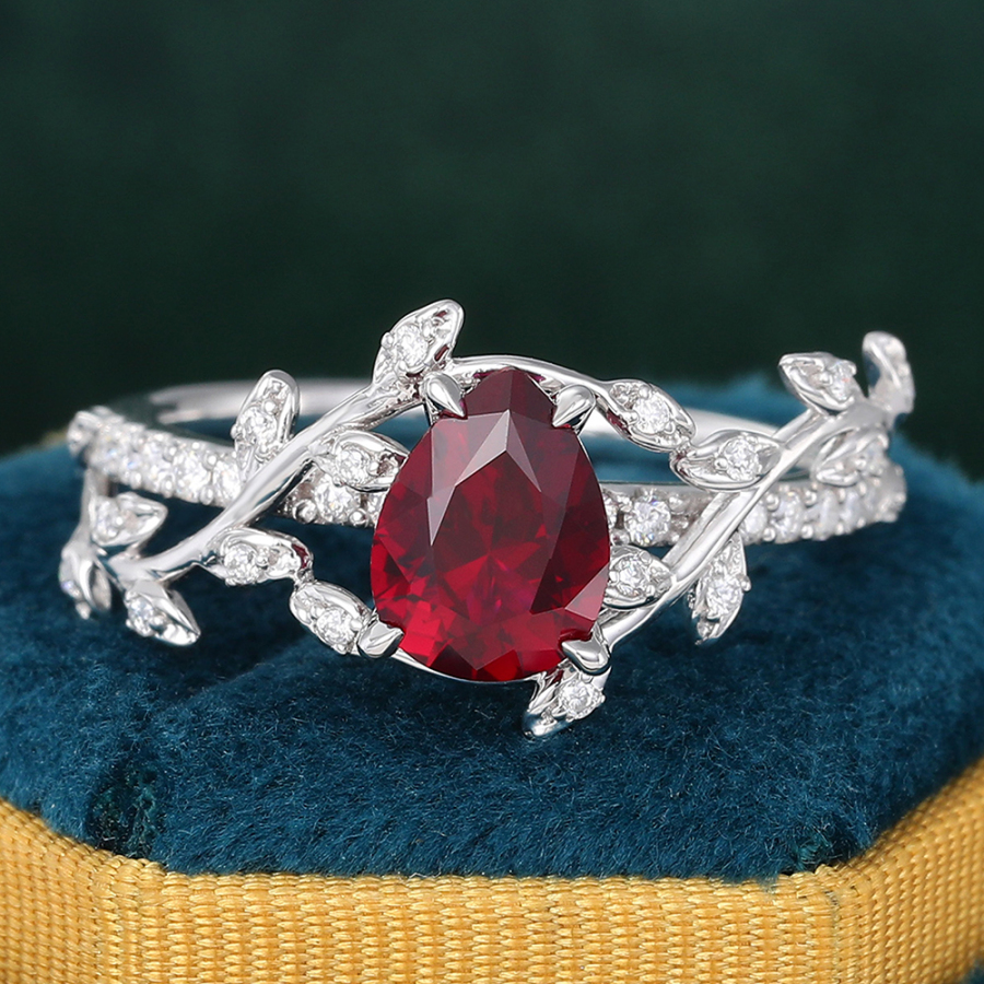 Pear Shaped Ruby Engagement Ring Nature Inspired Vintage Bridal Ring 14K White Gold