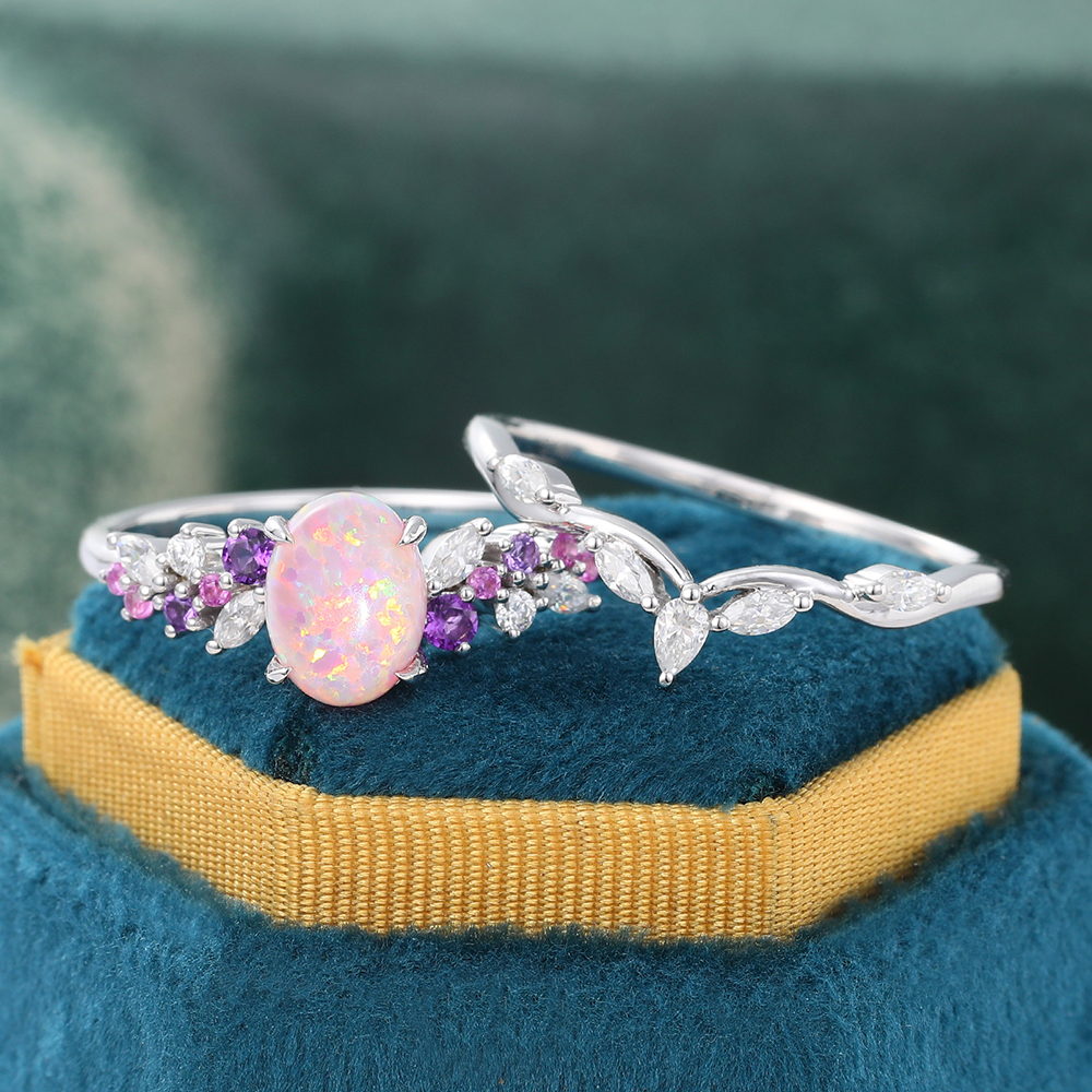 Juyoyo Oval Pink Opal Promise Ring Set Moissanite Leaf Stacking Band Women White Gold Wedding Rings