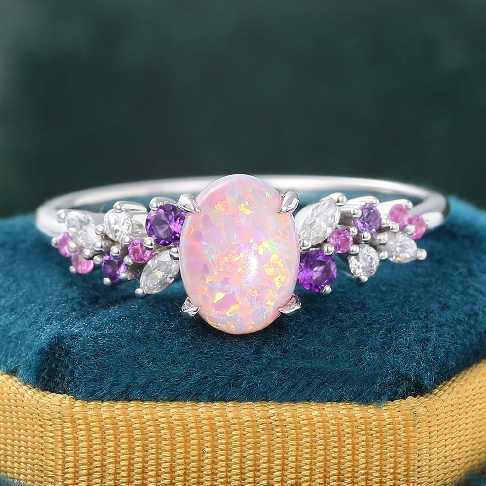 Juyoyo Oval Cut Lab Pink Opal Engagement Ring Vintage Amethyst Sapphire Cluster Bridal Ring