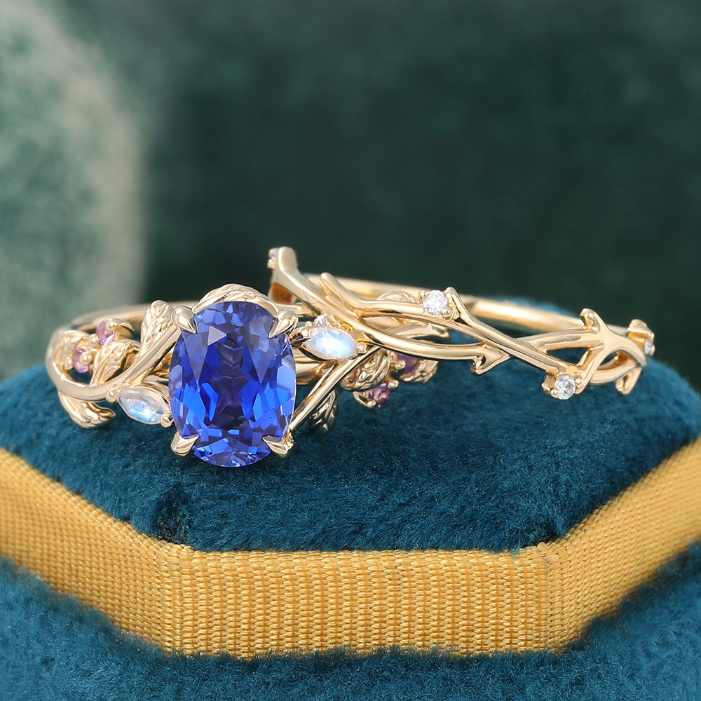 Juyoyo Oval Blue Sapphire Engagement Ring Set Vintage Nature Inspired Wedding Ring Set 14K Yellow Gold