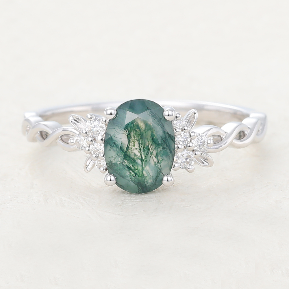 Juyoyo Nature Inspired Green Moss Agate Ring Oval Cut