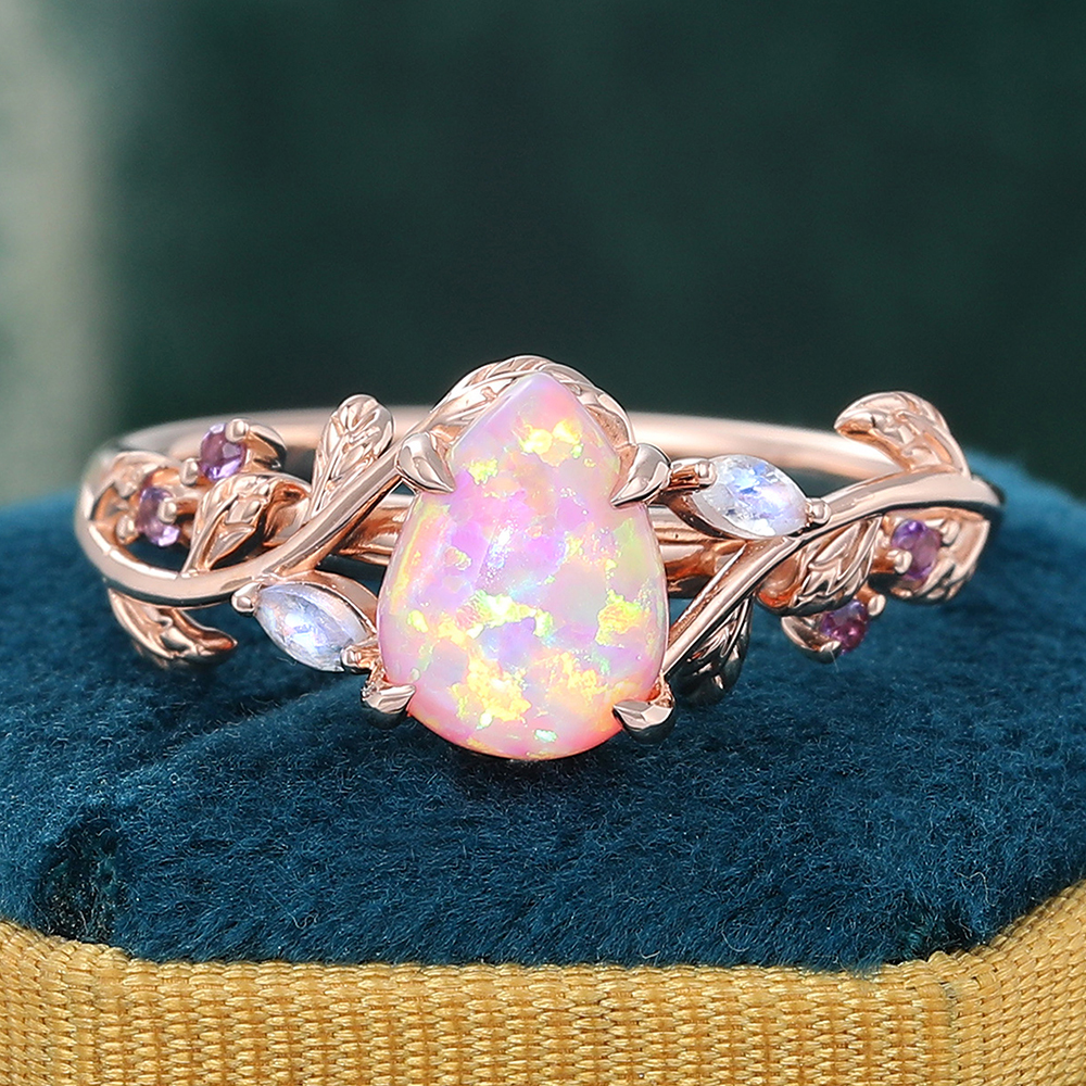 Rose Gold Pear Shaped Pink Opal Engagement Ring Nature Inspired Leaf Vine Promise Ring