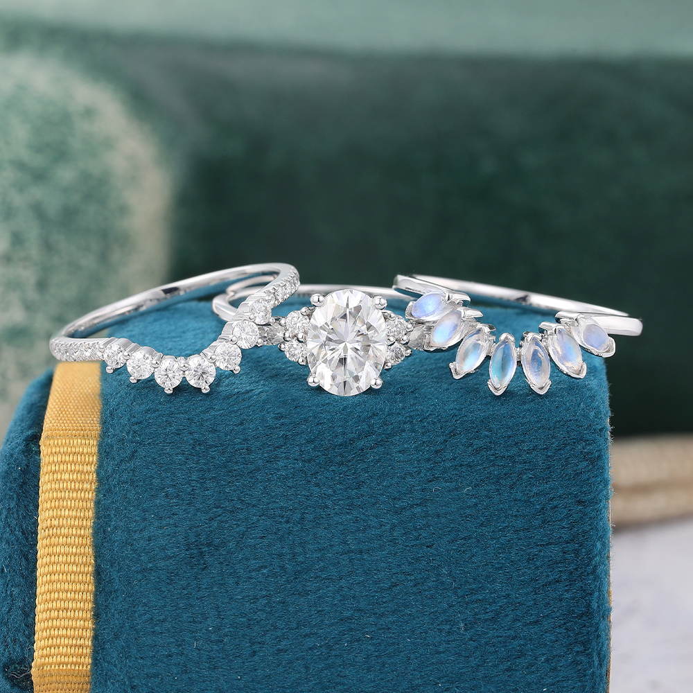 Juyoyo Oval Moissanite Bridal Ring Set White Gold Moonstone Engagement Ring Set - 3pcs