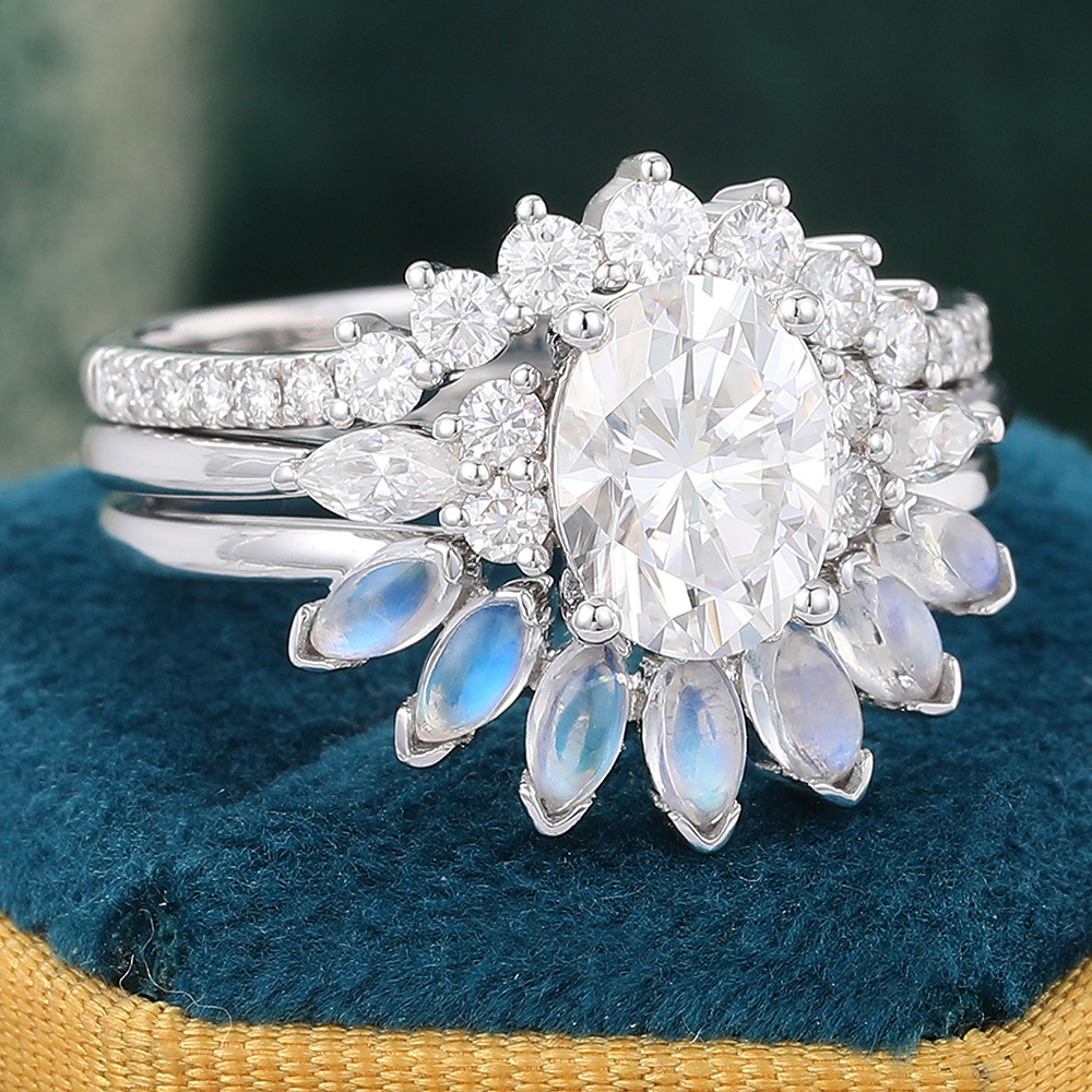 Juyoyo Oval Moissanite Bridal Ring Set White Gold Moonstone Engagement Ring Set - 3pcs