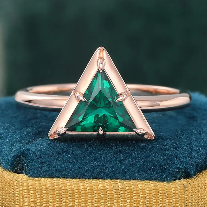 Triangle Cut Bezel Emerald Solitaire Engagement Ring in 14K Rose Gold