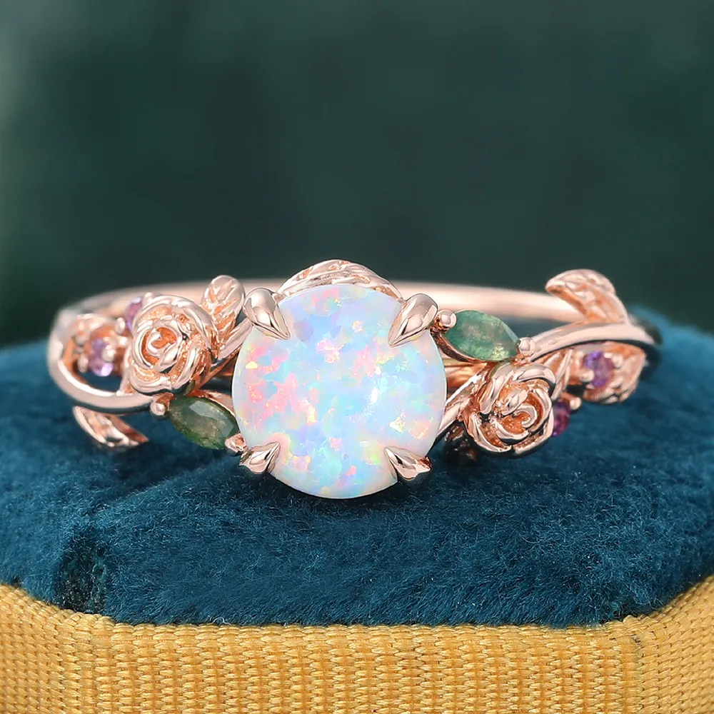 14K Rose Gold Round Opal Engagement Ring Rose Leaf Nature Inspired Wedding Ring