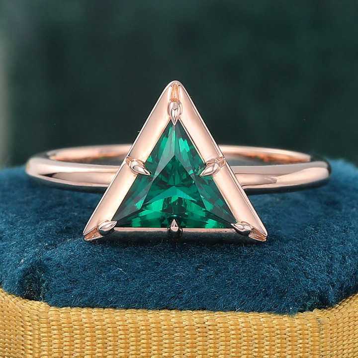Triangle Cut Bezel Emerald Solitaire Engagement Ring in 14K Rose Gold