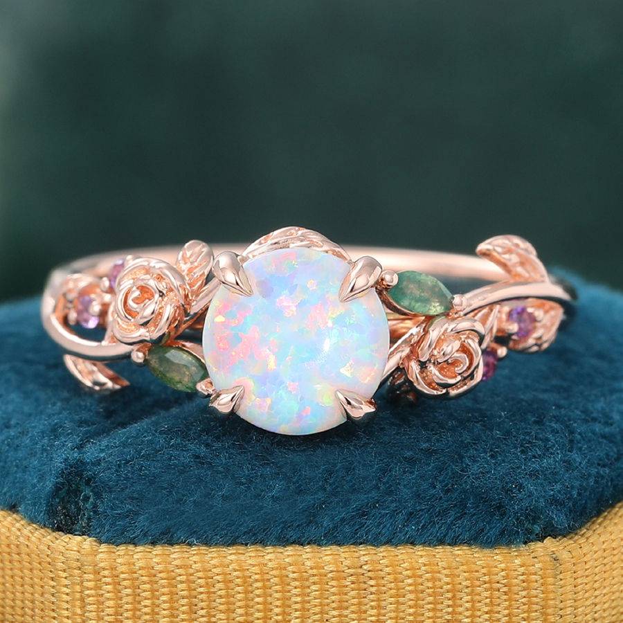 14K Rose Gold Round Opal Engagement Ring Rose Leaf Nature Inspired Wedding Ring