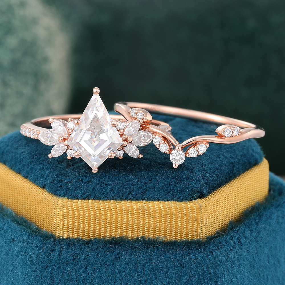 Juyoyo Vintage Kite Cut Moissanite Engagement Ring Set Diamond Wedding Ring Set - 2pcs
