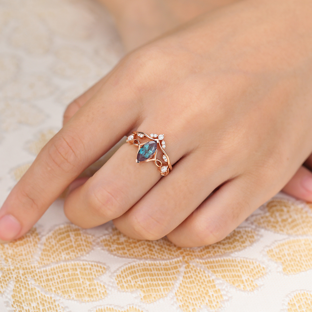 Marquise Cut Alexandrite Bridal Ring Set Vintage Engagement Ring