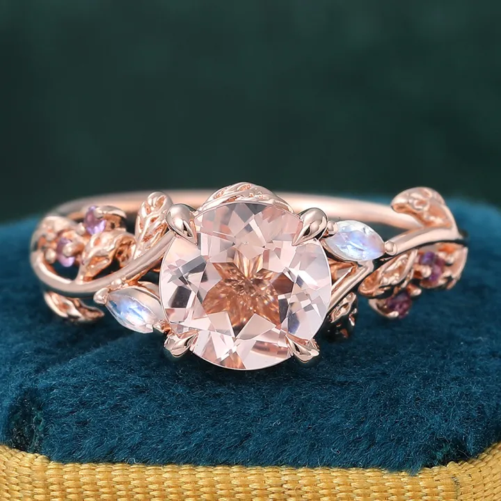 14K Rose Gold Round Pink Morganite Ring Nature Inspired Engagement Ring