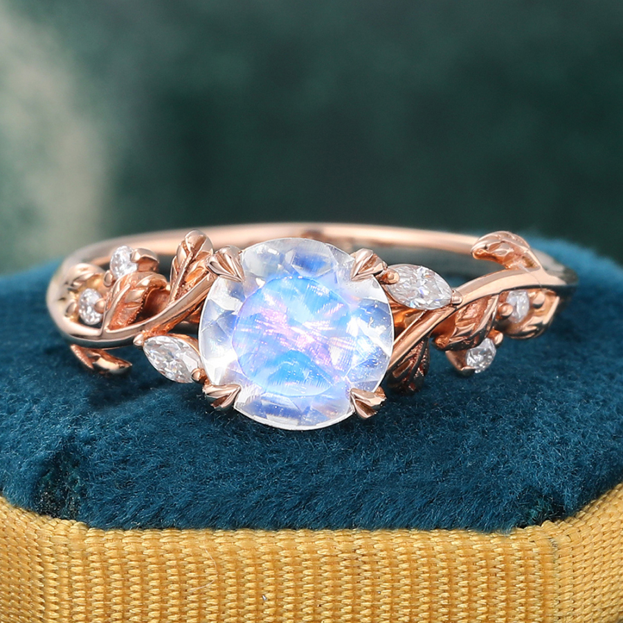 Nature-Inspired Round Moonstone Vine Engagement Ring with Moissanite Accents