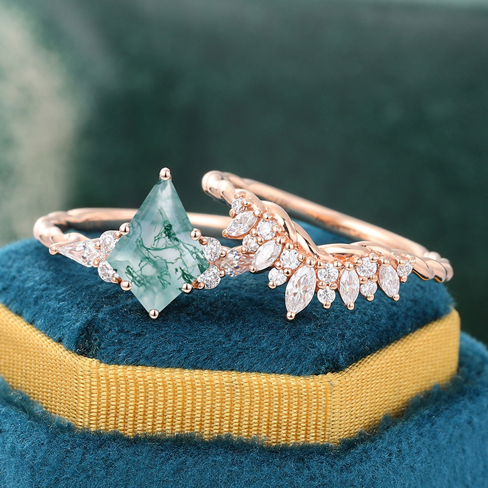 Juyoyo Kite Cut Moss Agate Wedding Ring Set Unique Twisted Engagement Ring Set 14K Rose Gold - 2pcs