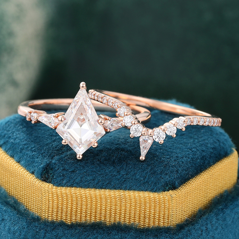 Juyoyo Vintage Kite Cut Moissanite Bridal Ring Set Diamond Cluster Pave Engagement Ring Set - 2pcs
