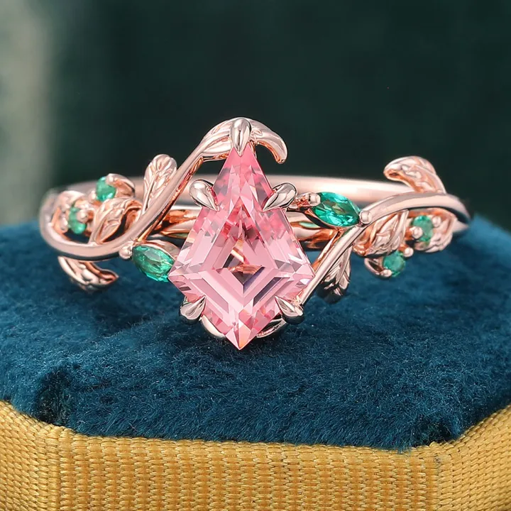 Kite Cut Pink Sapphire Engagement Ring Emerald Leaf Nature Inspired Bridal Ring Rose Gold