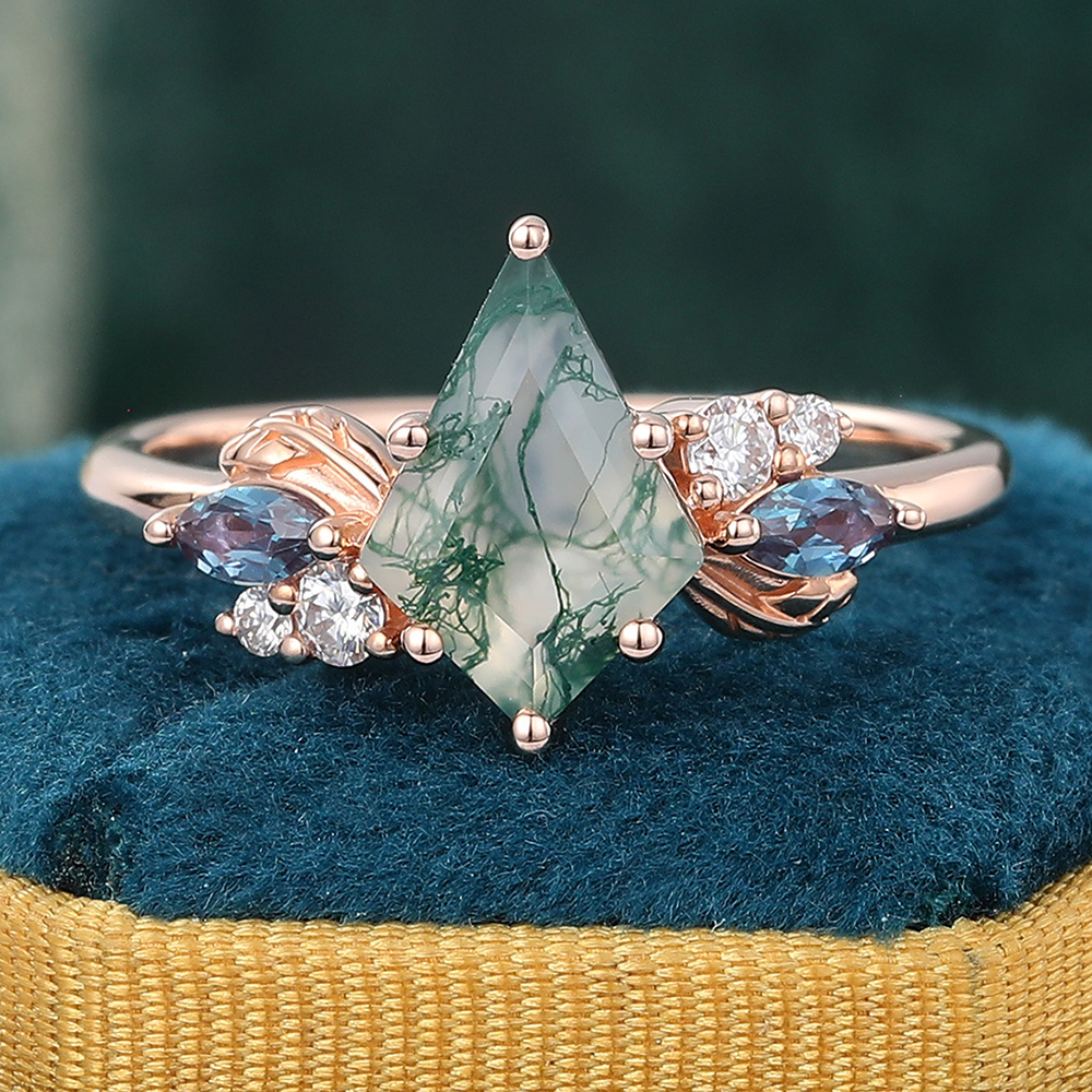 Juyoyo Kite Cut Moss Agate Ring Alexandrite Side Stone Ring Rose Gold Rings